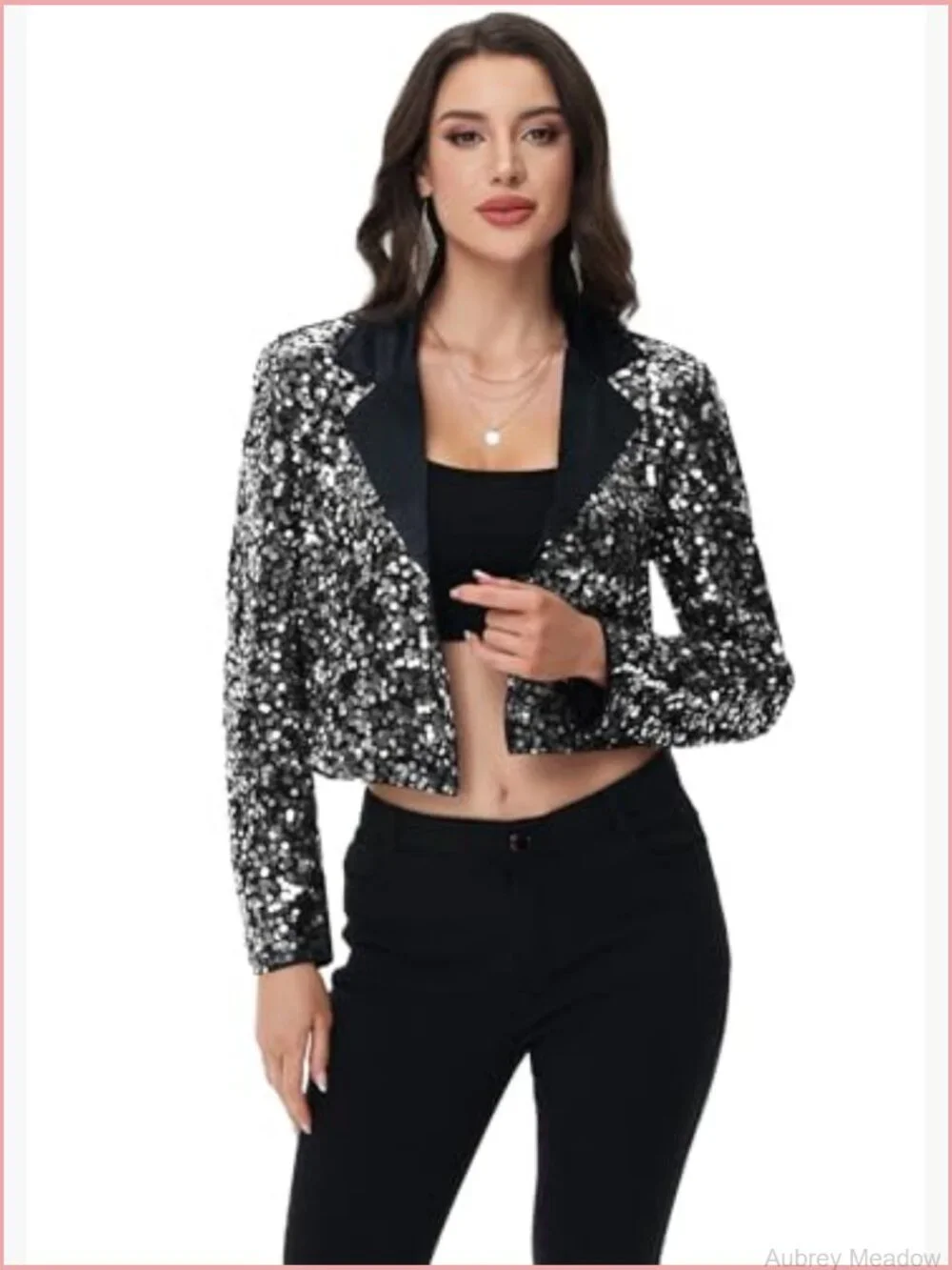 Cropped Sequin Blazer Long Sleeve Satin Lapel Party Club Cardigan